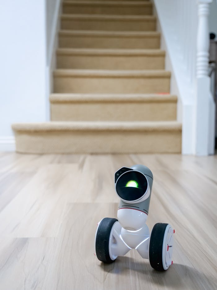 Close-up of an interactive robot toy on a wooden floor near indoor stairs.