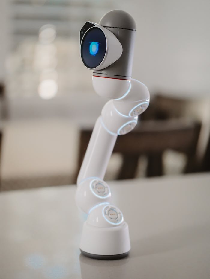 Modern robotic arm with blue sensor, showcasing futuristic technology indoors.